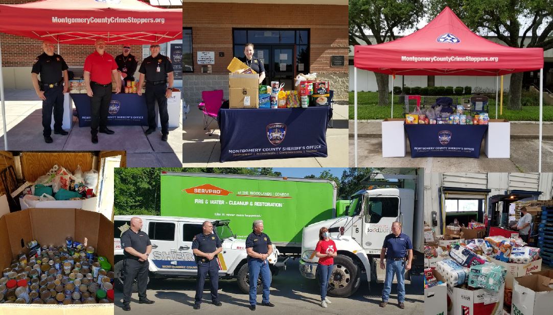Photo collage of the large quantities of food donations and the deputies that helped bring everything together. 
